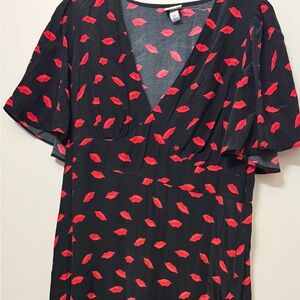 Black Midi Dress with Red Lip Print | Size 12 | New Without Tag